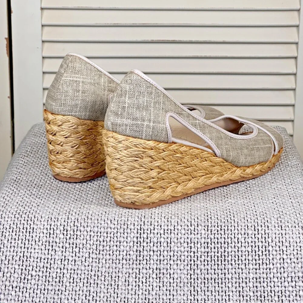 Donald J Pliner Coraa Taupe Linen‎ Peep Toe Rafia Wedge Espadrille Sandal Sz 7.5
